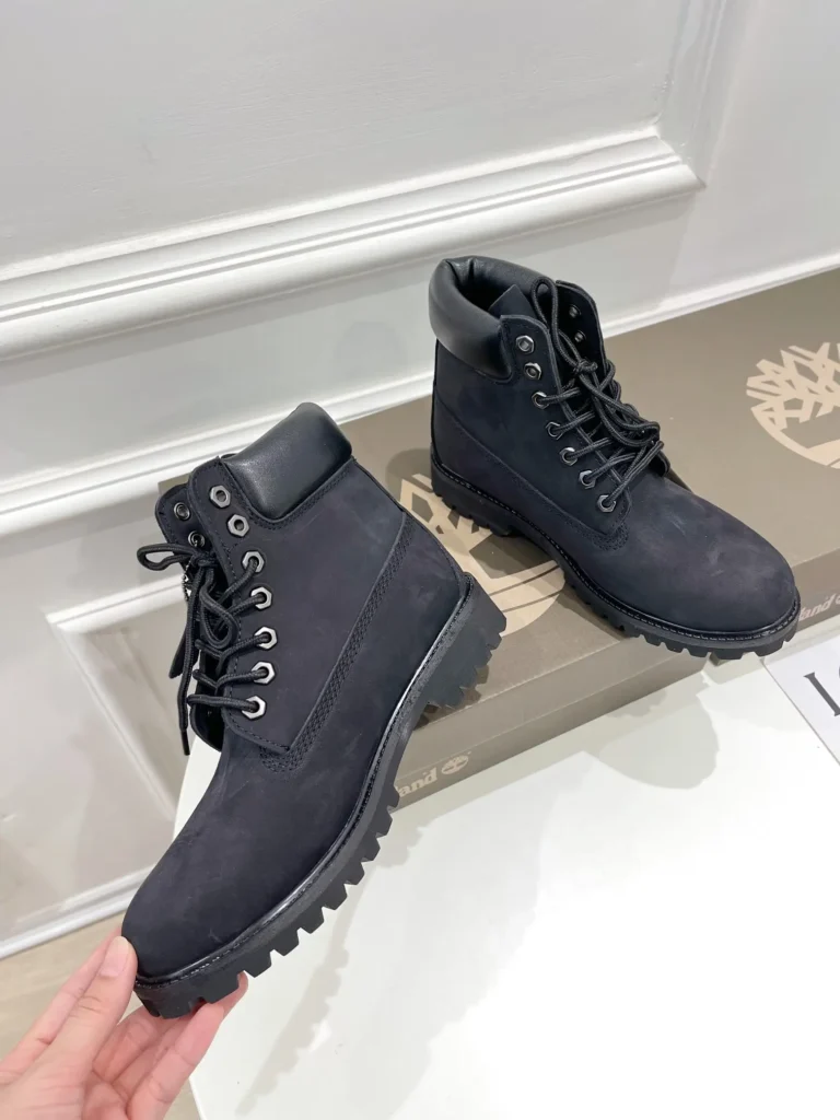 Timberland 6 Inch Premium black nubuck leather boots with padded collar and rugged sole