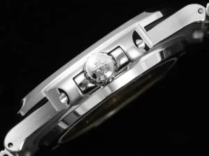 Patek Philippe Nautilus stainless steel watch with polished crown and brushed case finish side view