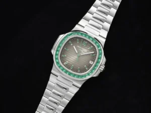 Patek Philippe Nautilus gray dial green gemstone bezel stainless steel watch