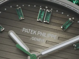 Patek Philippe Nautilus green emerald hour markers gray dial stainless steel watch close-up