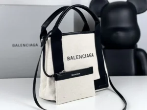 Balenciaga Bazar Small Tote Bag 587812 cream canvas black leather trim with detachable pouch