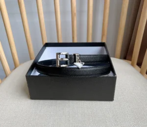 Prada belt black leather silver buckle triangular logo detail accessory