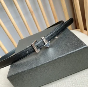 Prada leather belt black saffiano leather silver buckle triangular logo charm accessory