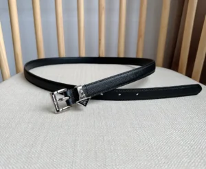 Prada belt black saffiano leather silver buckle with triangular logo charm accessory