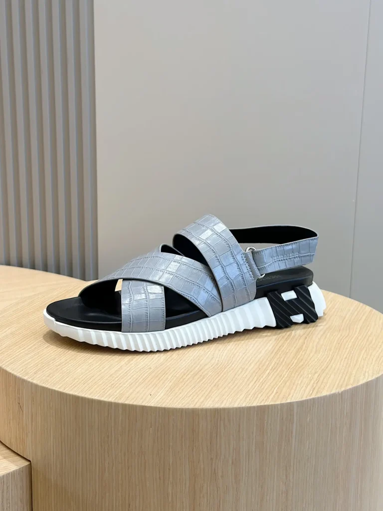 Unknown brand sandal model gray croc-embossed leather upper white black sole sandal