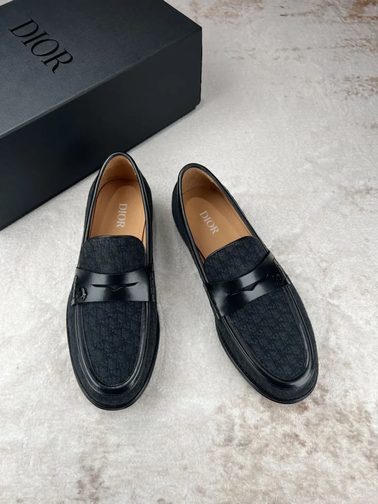 Dior slip-on loafers black fabric leather trim dress shoes with Dior logo on strap
