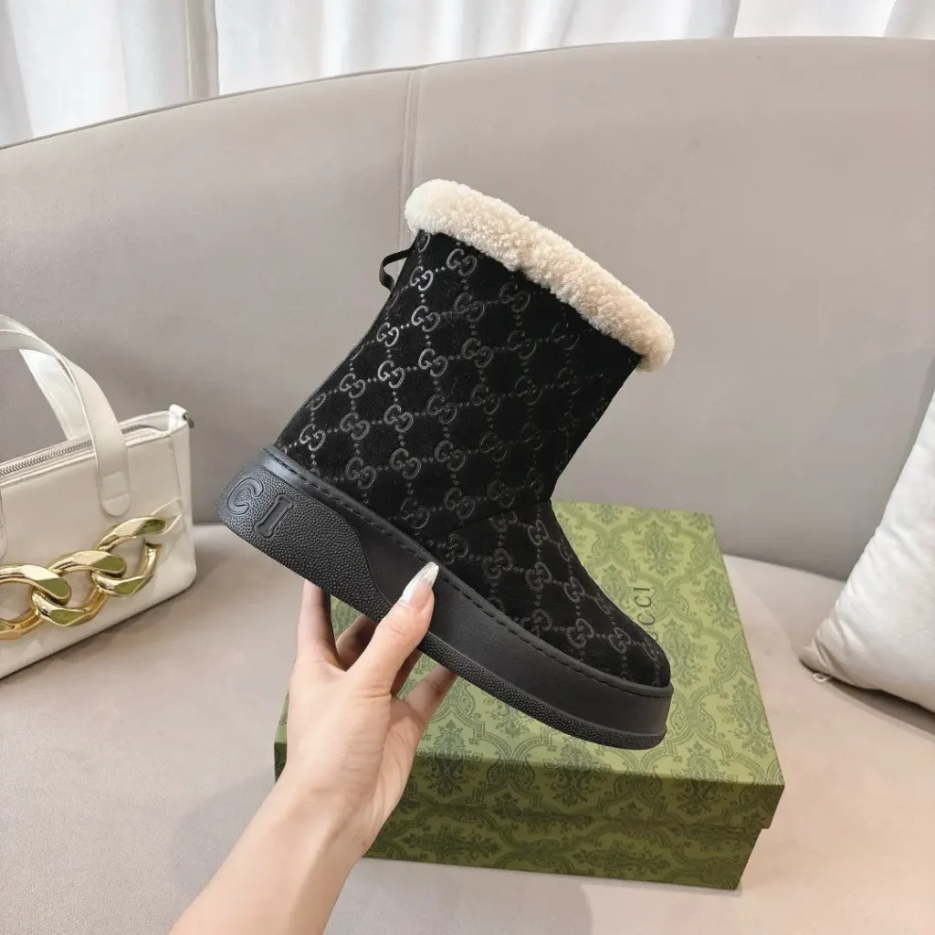 Gucci boot black GG velvet wool shearling trim winter footwear