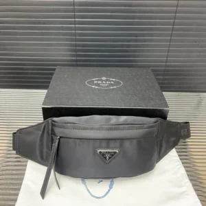 Prada Re-Nylon belt bag black nylon compact design with zipped front and signature triangle metal logo
