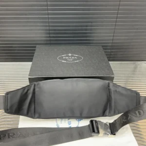 Prada belt bag black nylon adjustable strap silver buckle luxury accessory with box and pouch