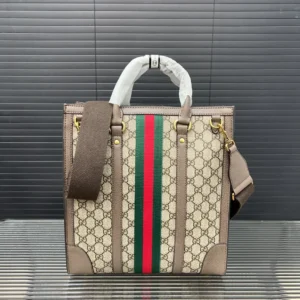 Gucci Ophidia tote bag medium beige GG canvas with green red web stripe and brown leather trim