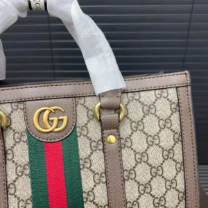 Gucci Ophidia GG medium beige canvas bag brown leather trim with green red web stripe and gold hardware