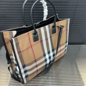 Burberry Medium Tote Bag beige check canvas black leather handles and trim with shoulder strap