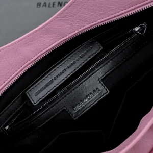 Balenciaga Hourglass XS 671307 pink grained leather mini bag with black leather interior tag and zipper pocket