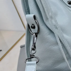Balenciaga Classic City bag light blue leather medium size with antique silver hardware strap clasp detail