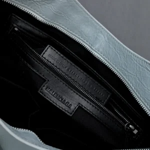 Balenciaga Hourglass XS 570636 medium blue textured leather handbag with black interior zip pocket