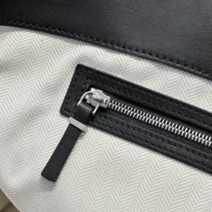 Burberry medium tote bag black leather trim white herringbone canvas with silver zipper detail