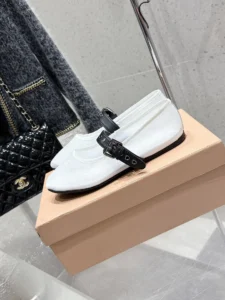 Prada Mary Jane White black buckle strap nylon mesh ballerina flats