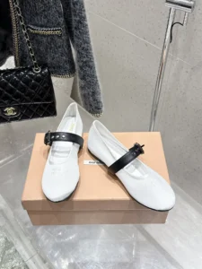 Miu Miu Mary Jane flats white fabric black leather strap buckle ballerina shoes