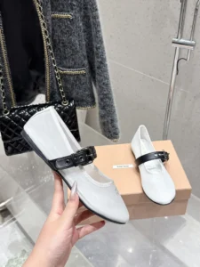 Miu Miu Mary Jane shoes white mesh black leather strap flats