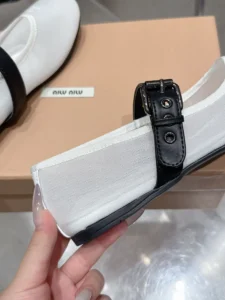 Miu Miu Mary Jane white black leather buckle strap flats shoes