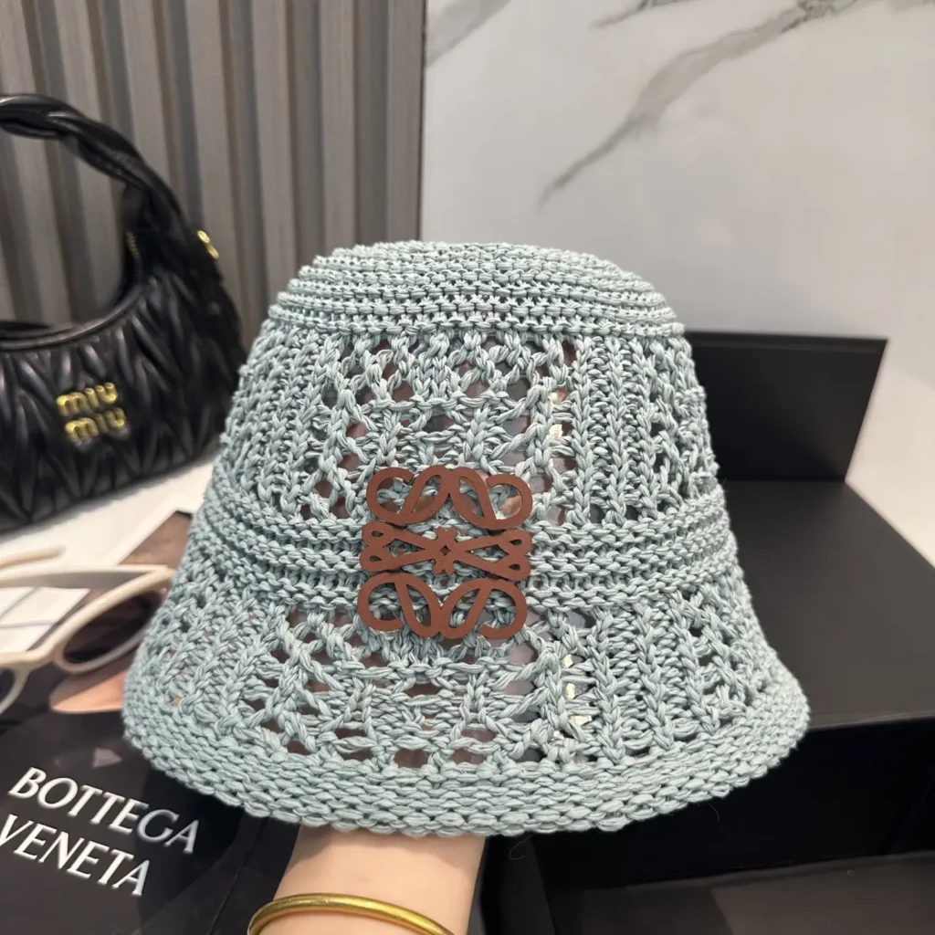 Loewe crochet bucket hat light blue cotton with brown leather anagram logo detail accessory