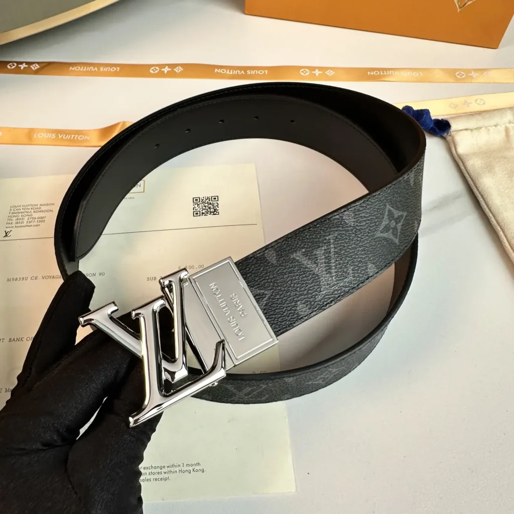Louis Vuitton LV Initiales belt black monogram canvas silver metal buckle leather lining accessory