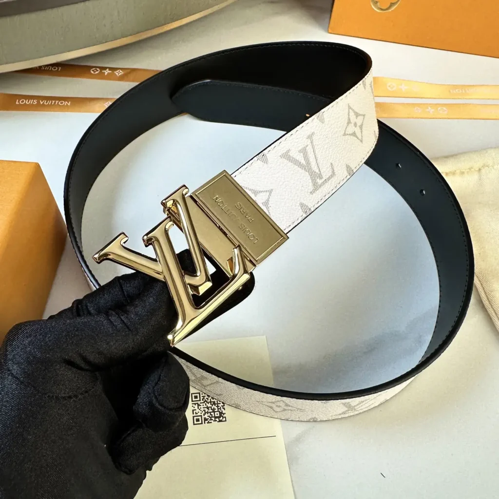 Louis Vuitton belt white monogram canvas black leather gold LV buckle accessory