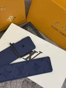 Louis Vuitton belt blue leather embossed monogram black buckle accessory with packaging boxes