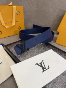 Louis Vuitton reversible belt navy blue embossed monogram leather with black LV buckle accessory