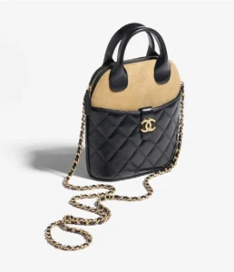 Chanel Mini Shopping Bag black quilted leather beige suede small handbag gold chain strap