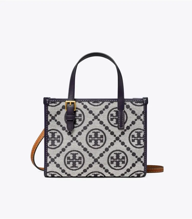 Tory Burch Gemini Link Small tote bag black beige canvas leather trim gold buckle
