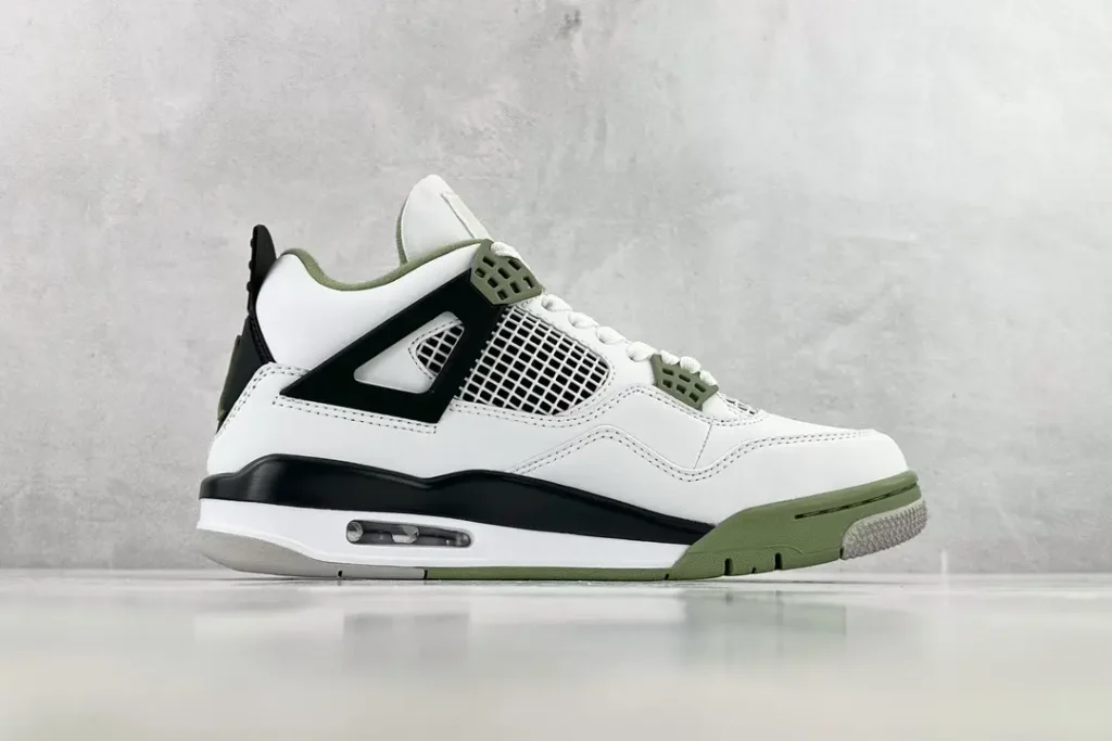 Air Jordan 4 Retro White Olive black leather sneakers with mesh panel and rubber sole