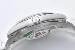 Rolex Oyster Perpetual silver dial stainless steel bezel stainless steel watch side view with crown logo
