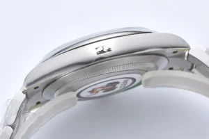 Rolex Oyster Perpetual white dial stainless steel bezel stainless steel watch side view showing case and bracelet close-up