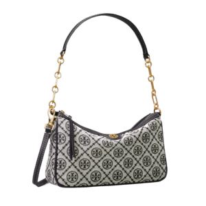 Tory Burch Minnie Shoulder Bag small black white jacquard canvas leather trim handbag