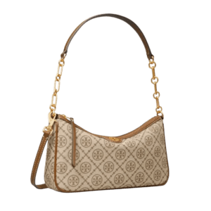 Tory Burch duo bag small beige monogram coated canvas leather trim shoulder bag brown