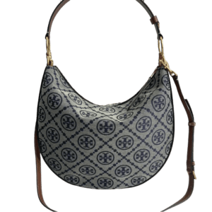 Tory Burch Gemini Link Hobo bag medium blue logo jacquard fabric brown leather strap