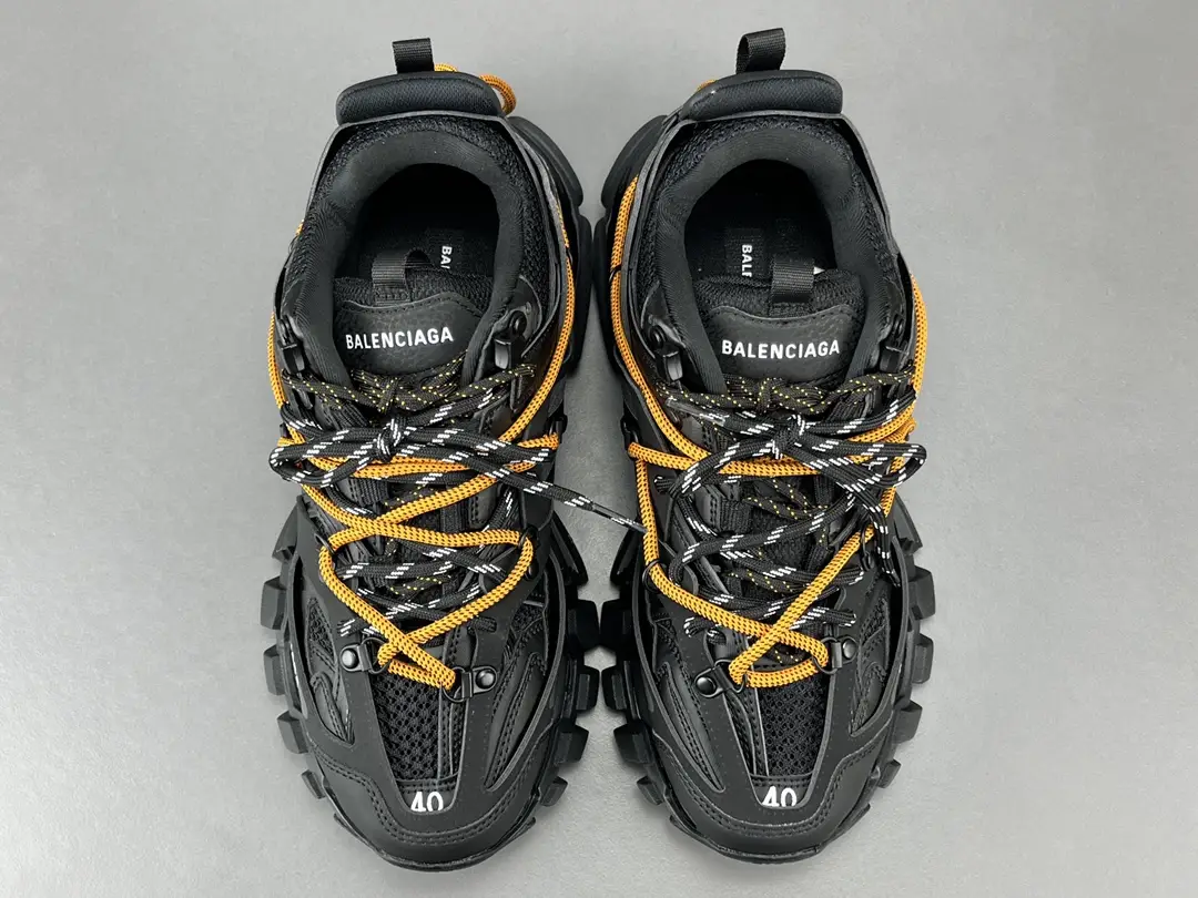 Balenciaga Track 2 black orange mesh and leather sneakers with reflective laces and chunky sole