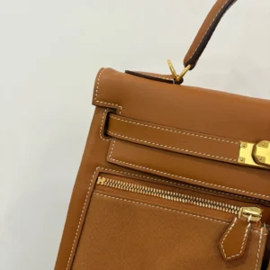 Hermès Kelly 32 bag brown leather canvas gold hardware top handle handbag