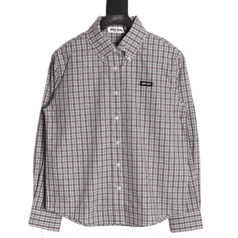 MIU MIU Brown Blue Fine Grid Long Sleeve Shirt