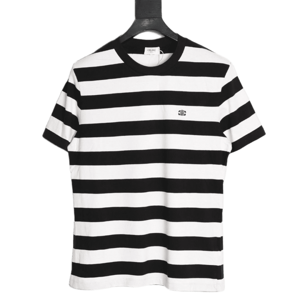 CELINE CE Triumphal Arch Black and White Striped Short sleeved T-shirt