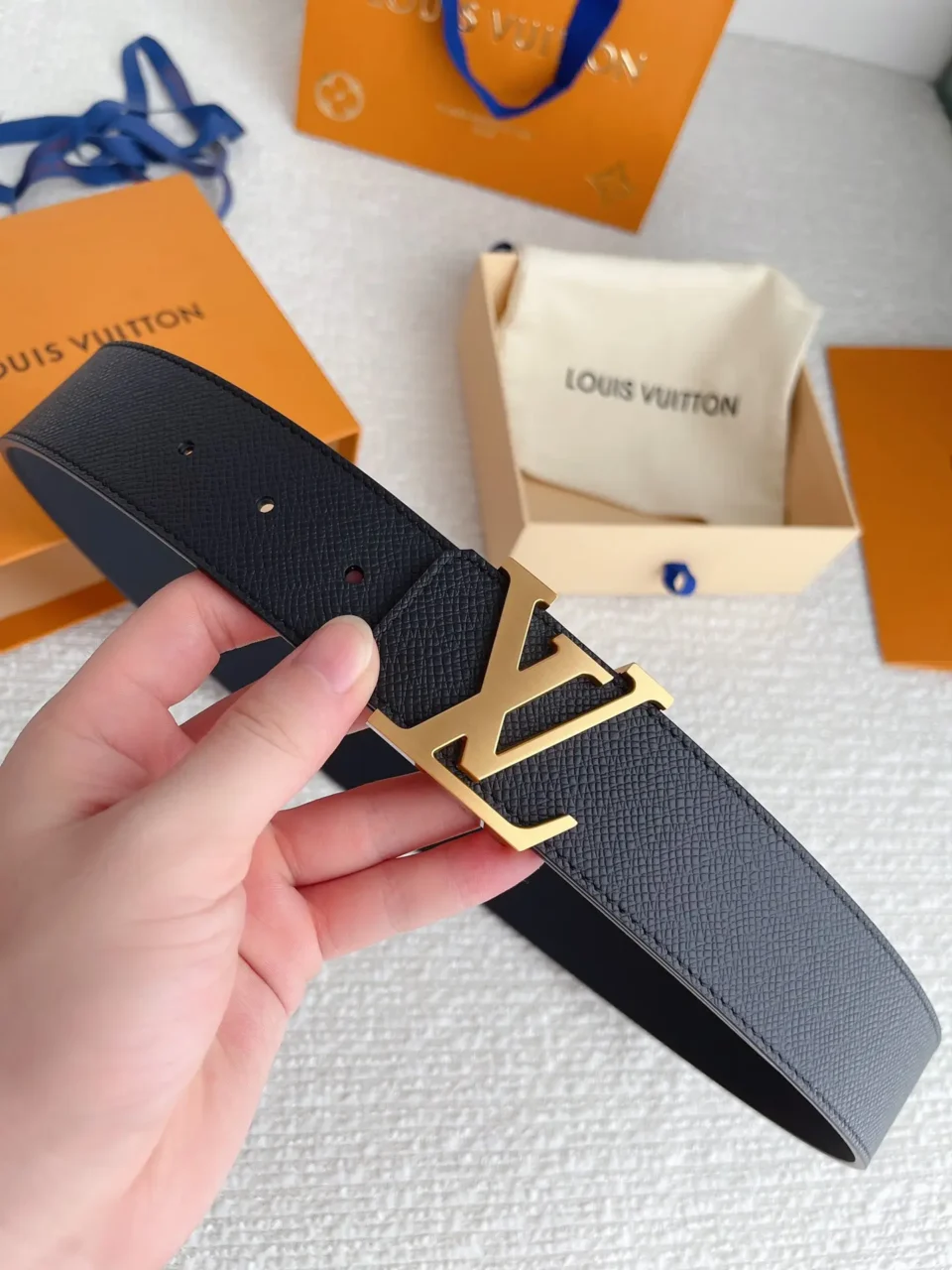 Louis Vuitton belt black leather gold LV buckle luxury men's accessory