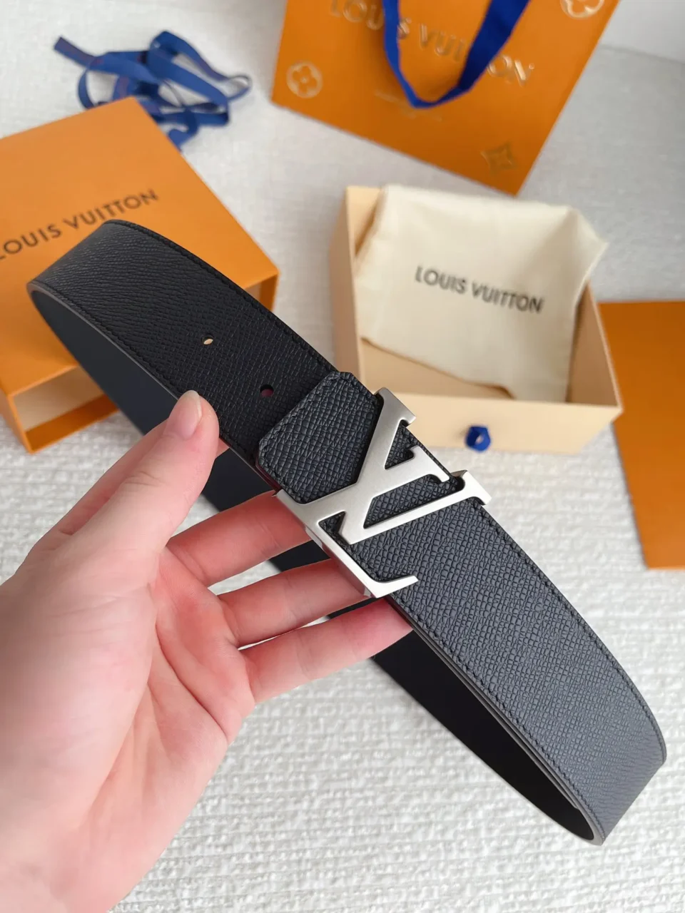 Louis Vuitton belt black leather silver LV buckle accessory luxury fashion