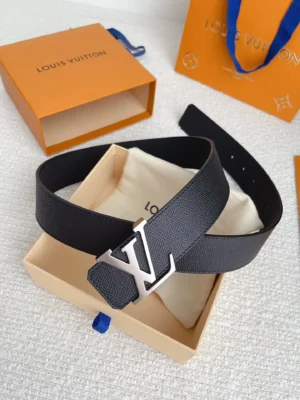 Louis Vuitton belt black textured leather silver LV buckle accessory with branded box and dust bag