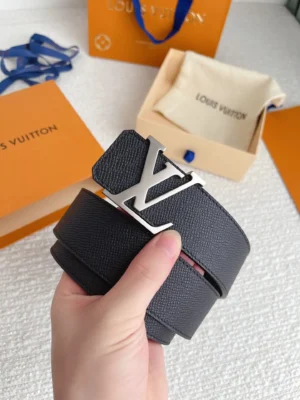 Louis Vuitton belt black textured leather silver LV buckle luxury accessory
