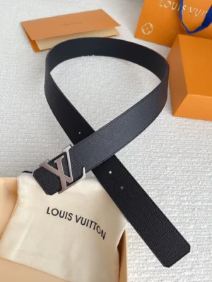 Louis Vuitton belt black leather silver LV buckle luxury accessory with textured finish