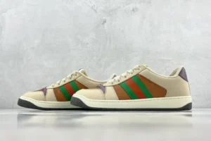 Gucci Screener leather sneakers beige brown red green colorway rubber sole low top design