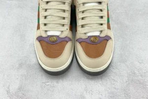 Gucci Screener sneakers beige brown purple leather fabric with GG logo emblem on toe box