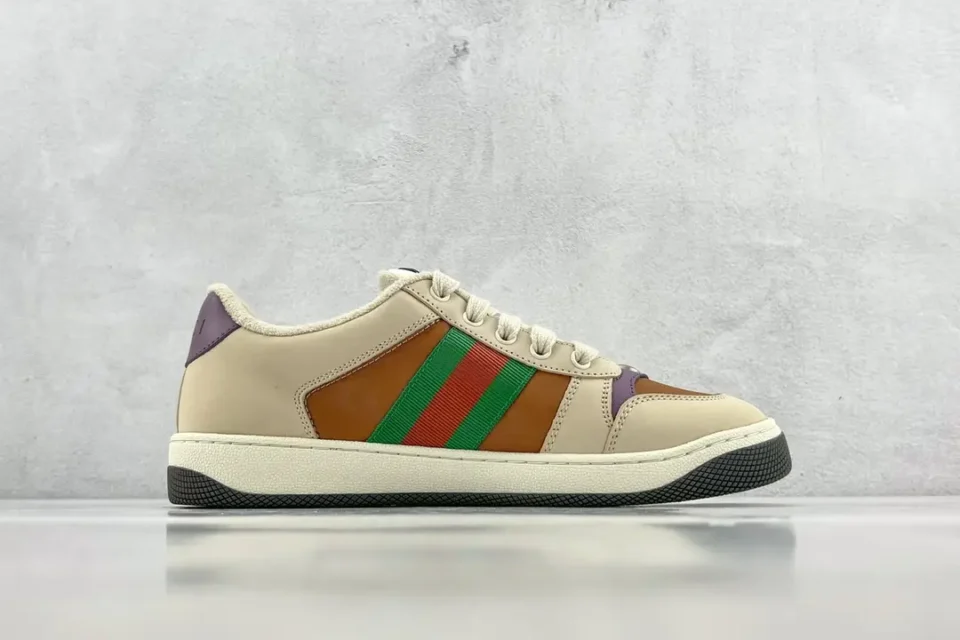 Gucci Screener leather sneakers beige brown green red with purple accents rubber sole