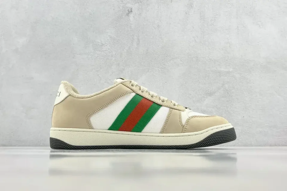 Gucci Screener leather and canvas sneakers beige white green red stripe with black sole